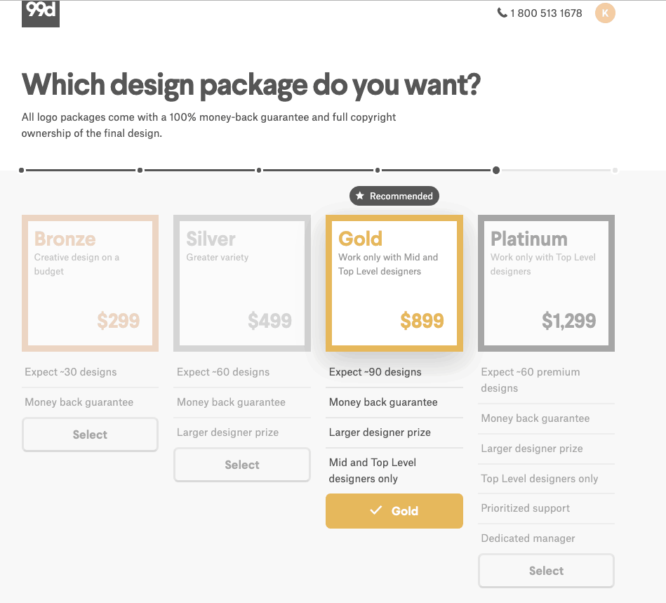 Screen shot from 99Designs showing different package pricing